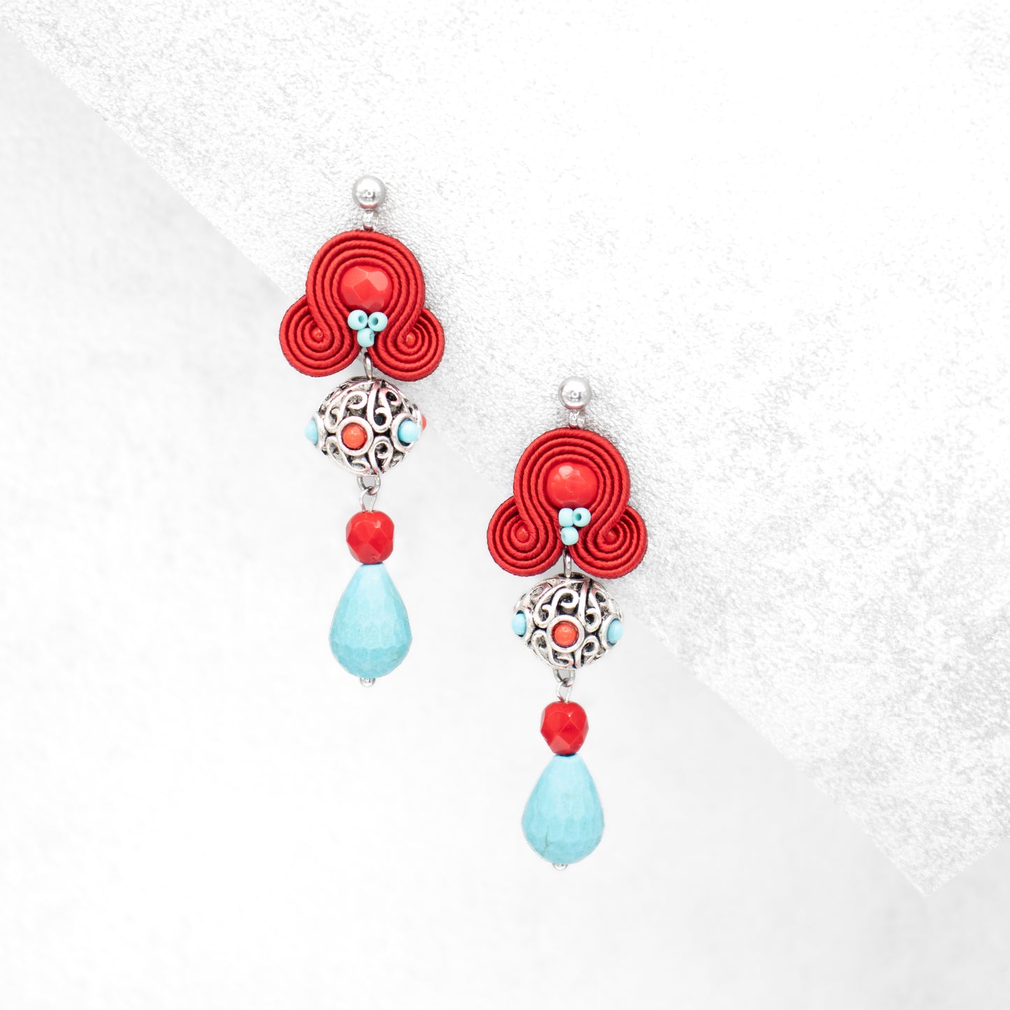 Red and turquoise handmade earrings. Statement soutache earrings with charms.