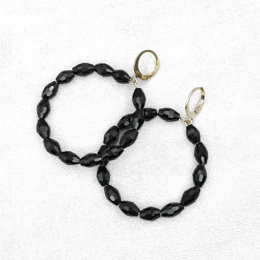 Glass beads hoop earrings. Black handmade earrings.