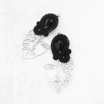 Handmade Black Soutache Earrings with Face Charms – Lightweight Earrings