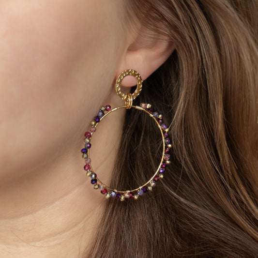 Maroon, Purple, and Gold Circles – Round Earrings with Glass Beads