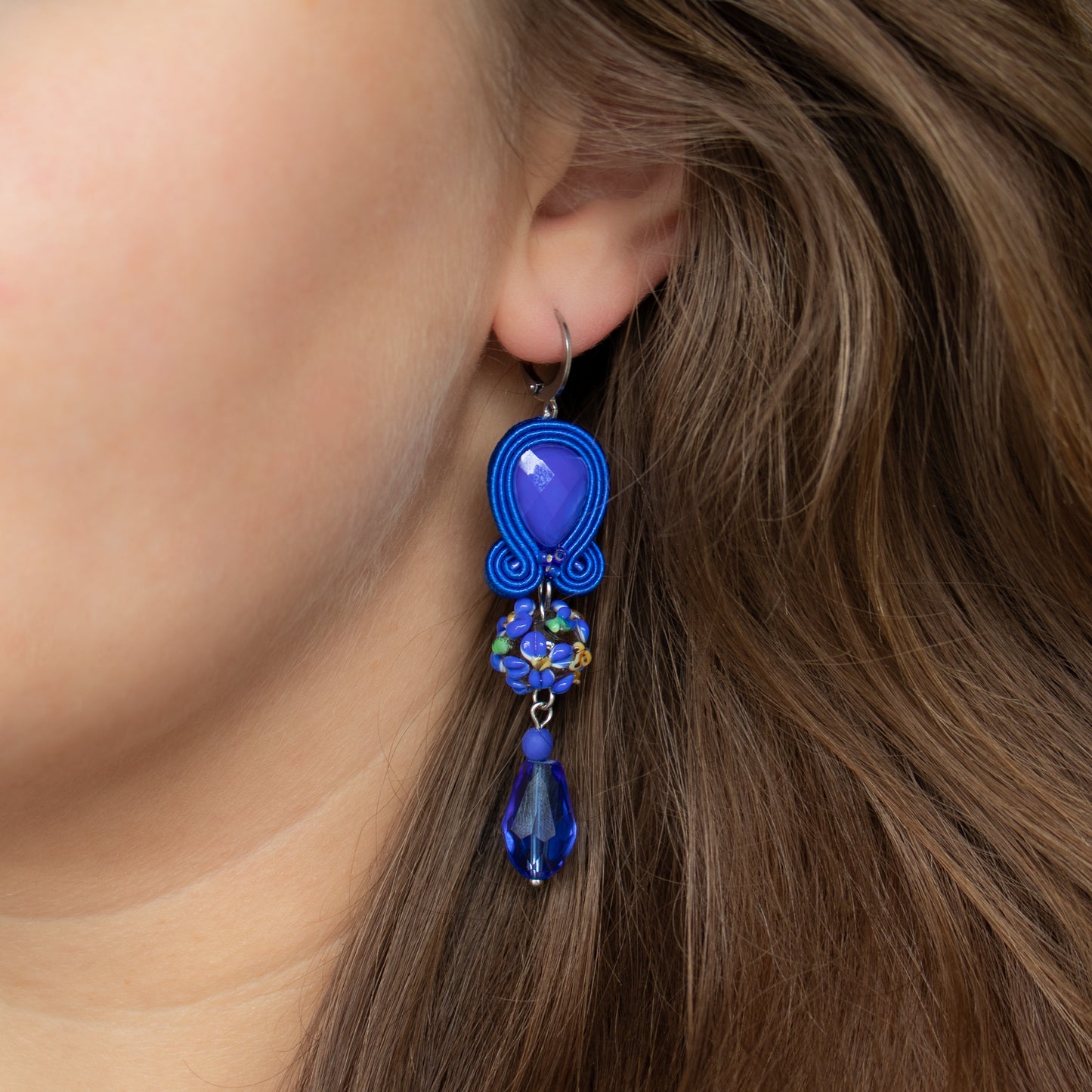 Handmade Cobalt Soutache Earrings with Lampwork Beads – Unique and Lightweight Earrings