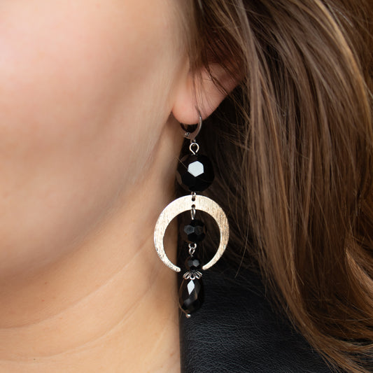 Moon with black beads earrings. Long handmade earrings.