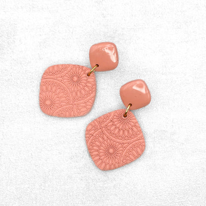 Handmade Light Peach Rhombus Earrings – Textured Polymer Clay Earrings