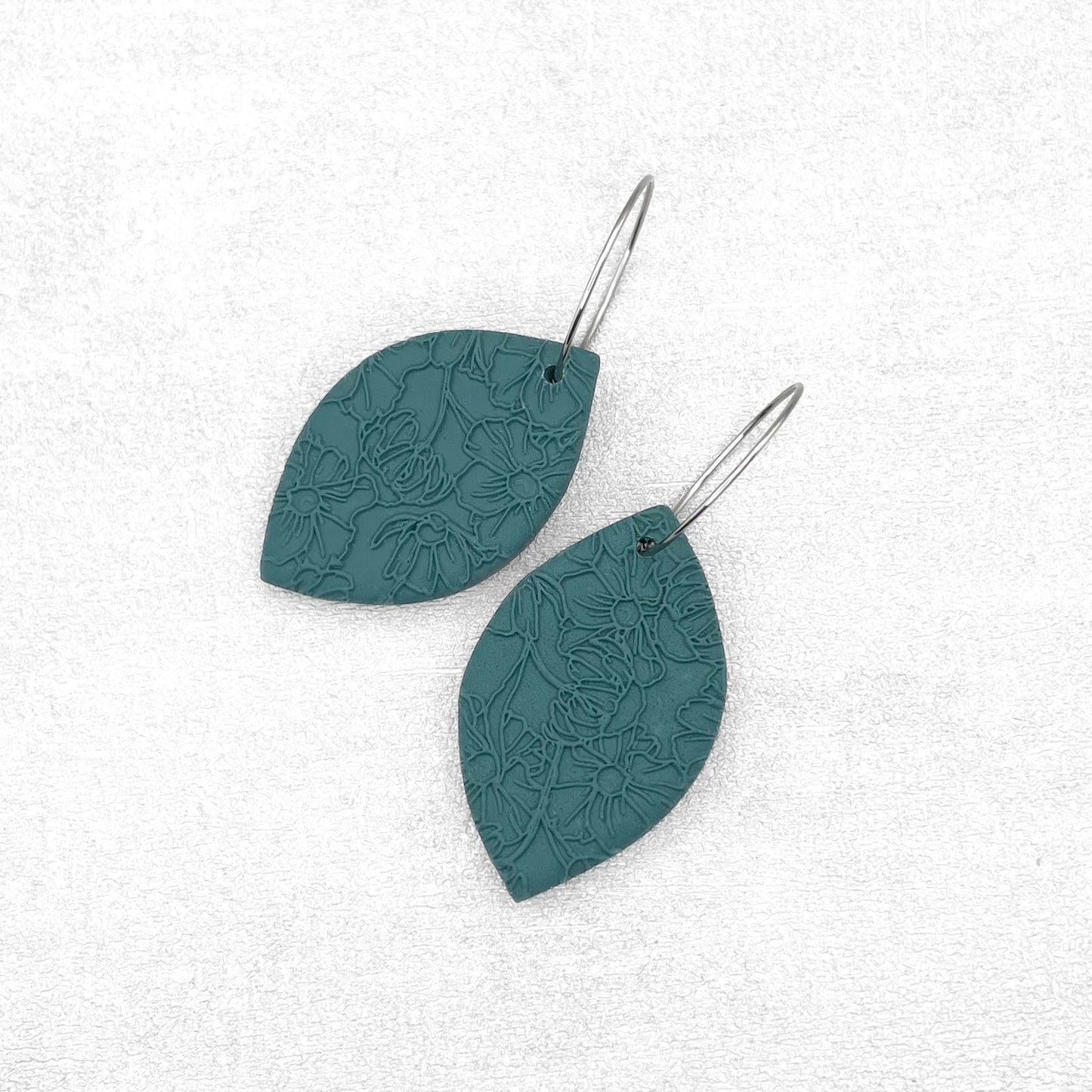 Handmade Dark Teal Oval Earrings – Textured Polymer Clay with Hoops