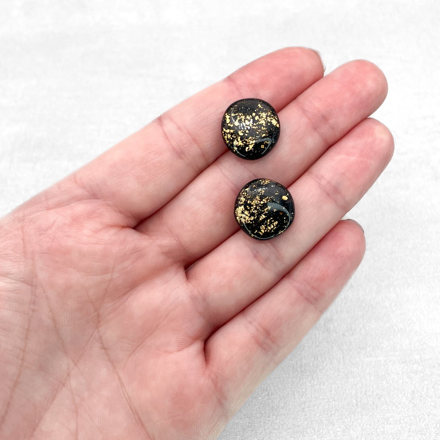 Handmade Polymer Clay Circle Stud Earrings – Black with Gold Stud Earrings