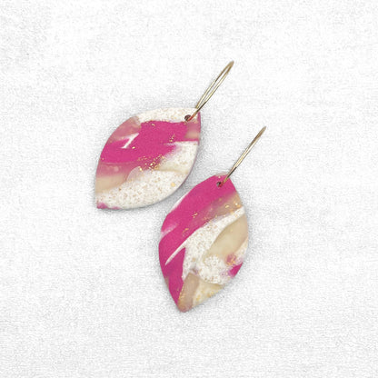 Magenta, cream and gold oval earrings. Handmade polymer clay earrings.