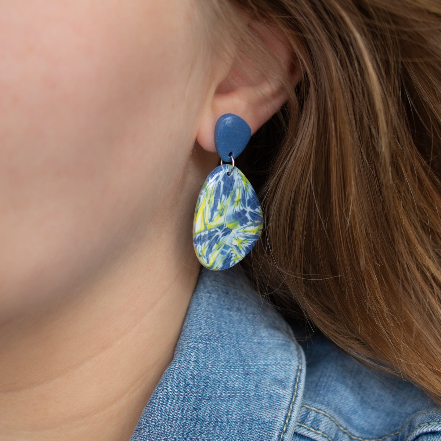 Handmade Blue and Yellow Marble Earrings – Polymer Clay Earrings