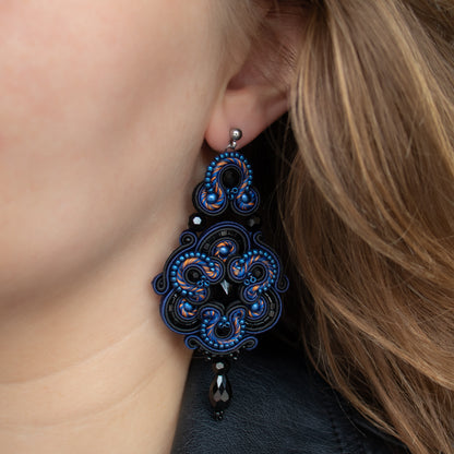 Handmade Dark Sapphire and Black Soutache Earrings – Exquisite and Unique Earrings