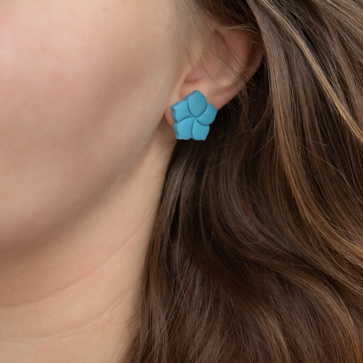 Steel blue flower stud earrings. Handmade polymer clay stud earrings.