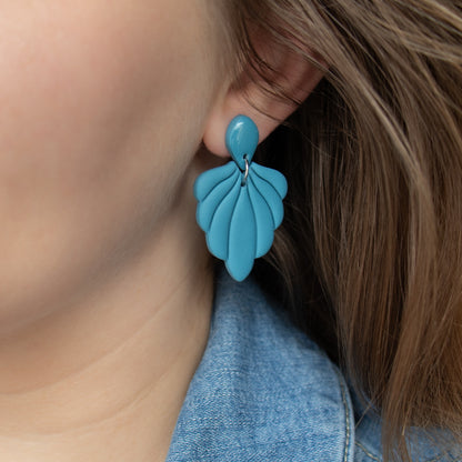Steel blue shell earrings. Handmade polymer clay earrings.