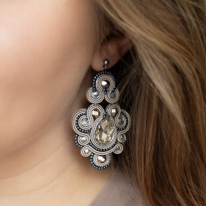 Sand and dark grey soutache earrings. Oriental handmade earrings.