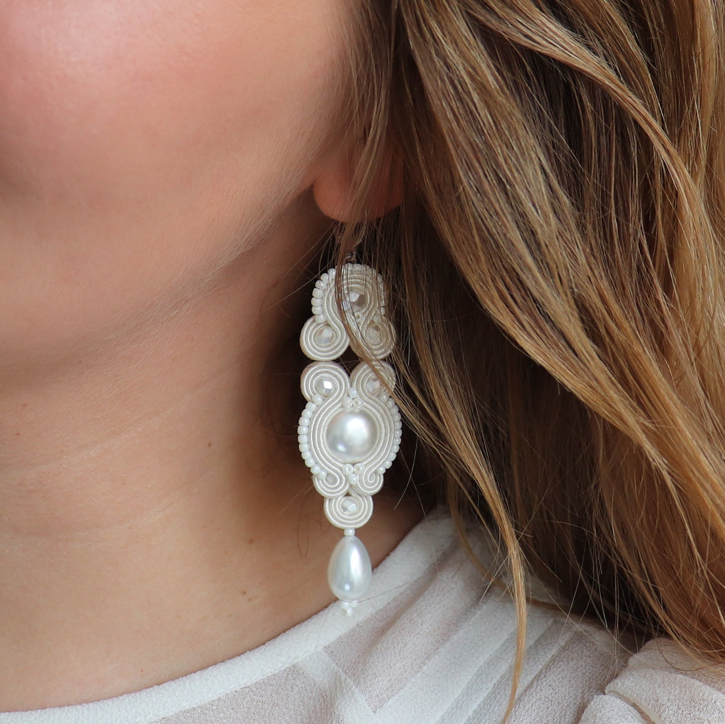 Handmade Bridal Soutache Earrings - Elegant Ivory Earrings