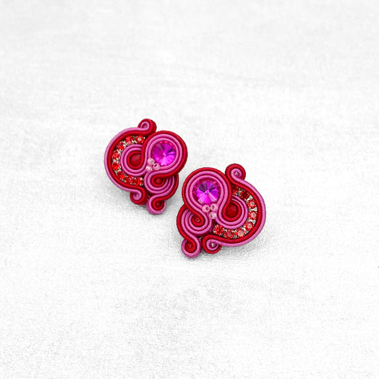 Red and magenta soutache earrings. Statement handmade earrings.