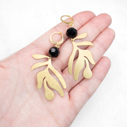 Handmade Leaf Earrings with Black Beads and Gold Charms