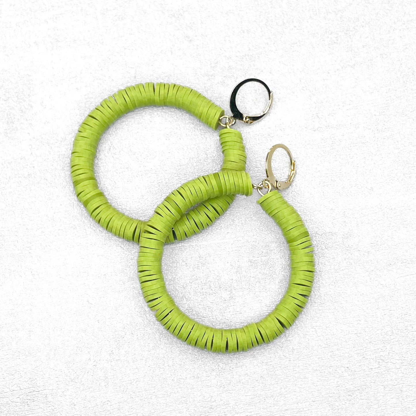 Polymer clay beads hoop earrings. Olivine handmade earrings.