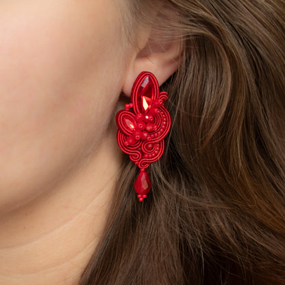 Red soutache earrings. Statement and unique handmade earrings.