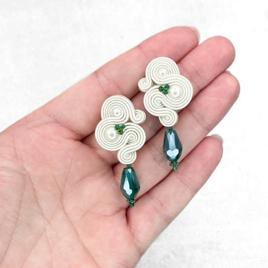 Handmade Soutache Earrings – Ivory and Emerald Earrings