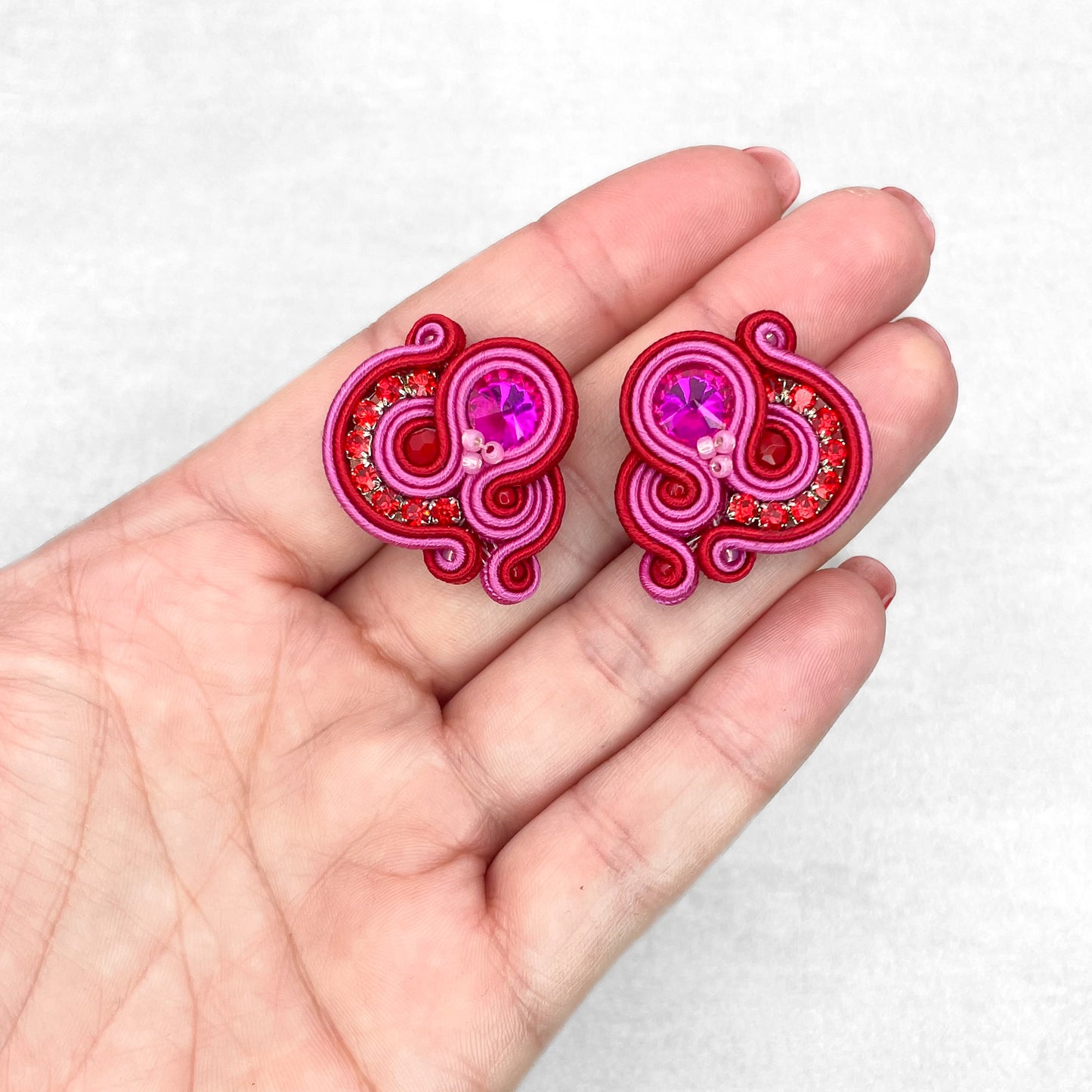 Red and magenta soutache earrings. Statement handmade earrings.