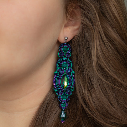 Handmade Dark Emerlad, Dark Spahhire, and Dark Violet Soutache Earrings – Oriental Long Earrings