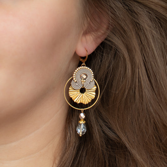 Handmade Sand Soutache Earrings with Gold Charms – Elegant and Chic Earrings