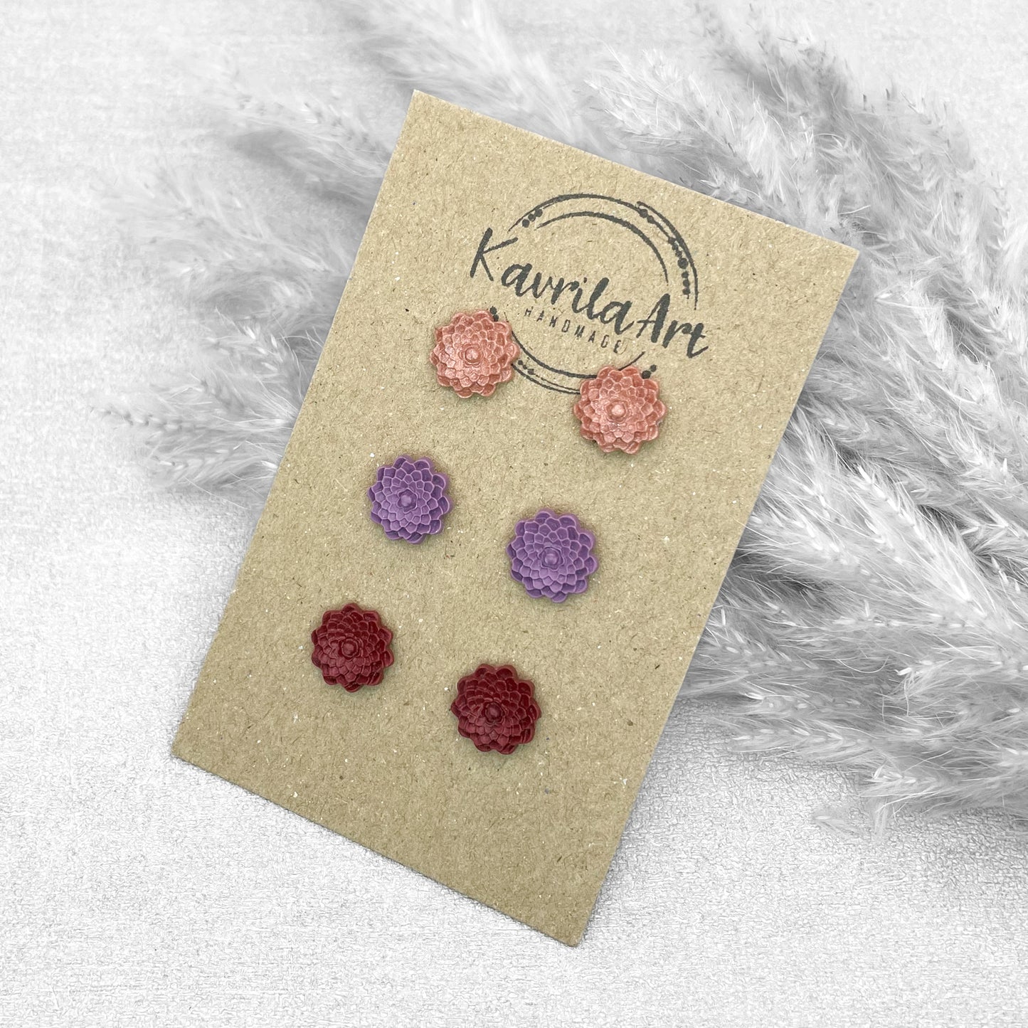 Set of 3 Pairs Flower Stud Earrings – Handmade Polymer Clay Studs