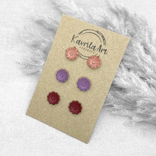 Set of 3 Pairs Flower Stud Earrings – Handmade Polymer Clay Studs