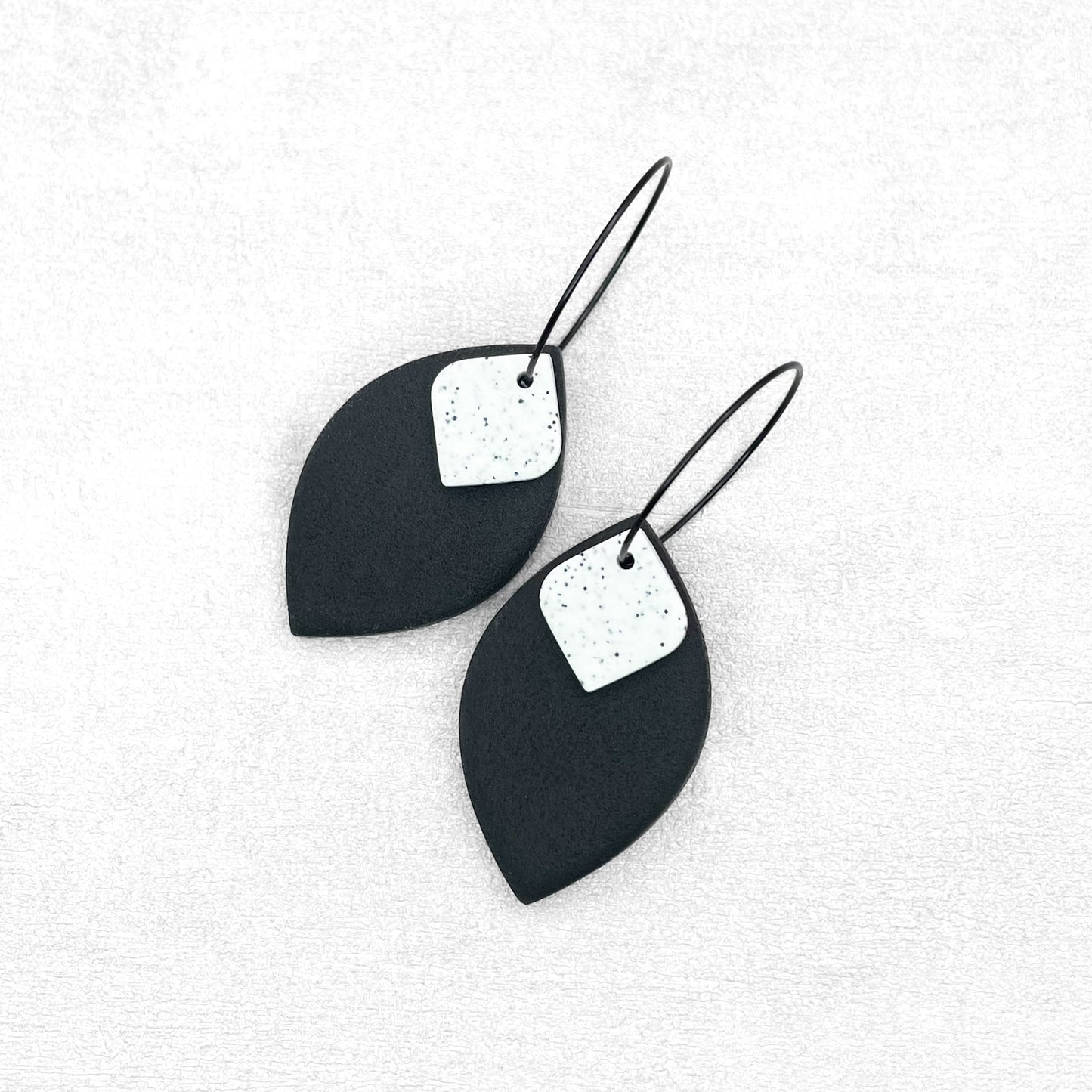 Black and White Oval Earrings with Hoops – Handmade Polymer Clay Earrings