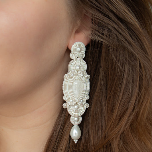 Handmade Bridal Ivory Earrings – Lightweight and Long Soutache Earrings