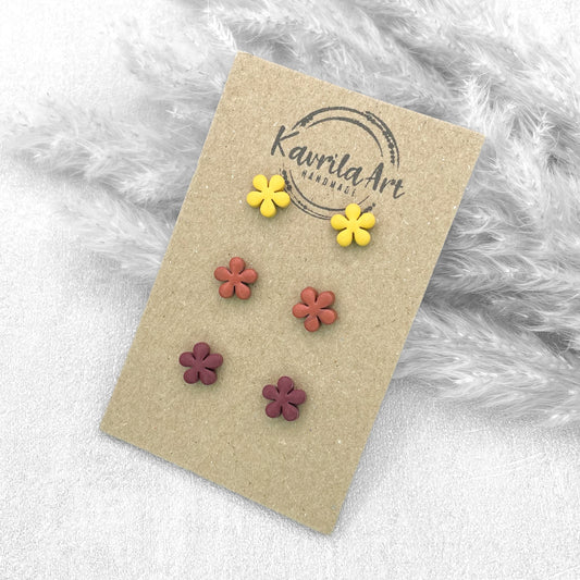 Set of 3 Pairs Floral Stud Earrings – Handmade Polymer Clay Studs