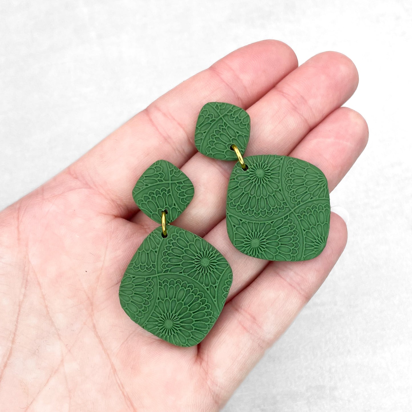 Handmade Forest Green Rhombus Earrings – Textured Polymer Clay Earrings