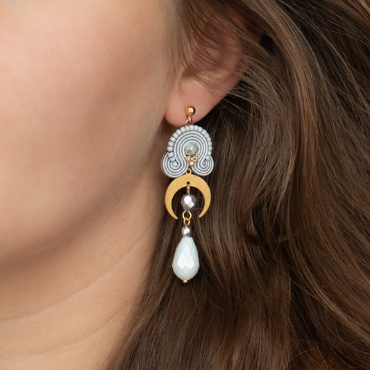 Handmade Light Grey Soutache Earrings with Gold Moon – Spiritual Earrings