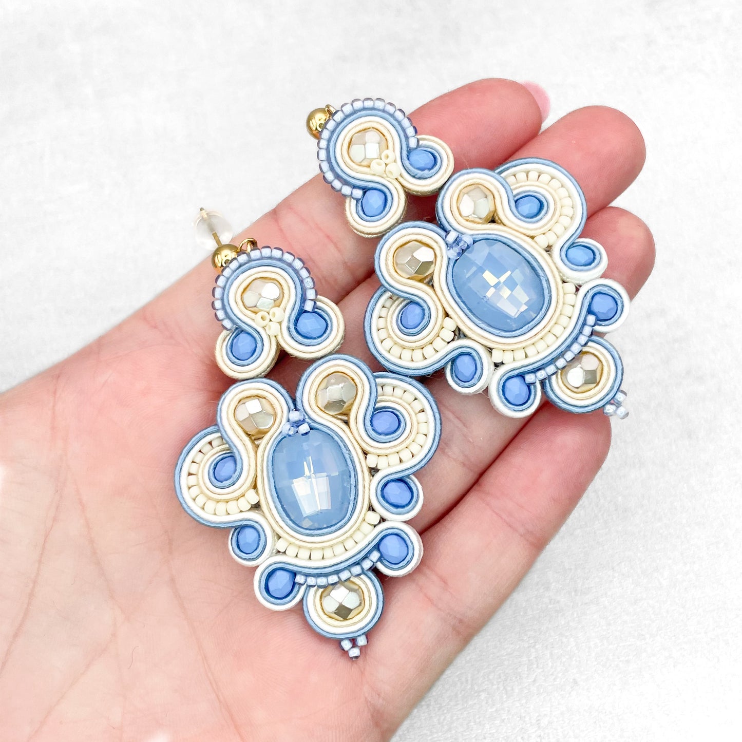 Light blue and cream soutache earrings. Unique and lightweight earrings.