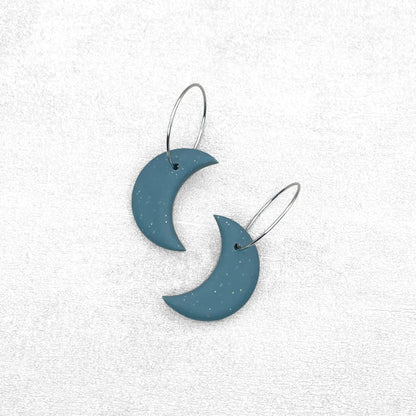 Moon polymer clay earrings. Steel blue with glitter handmade earrings.