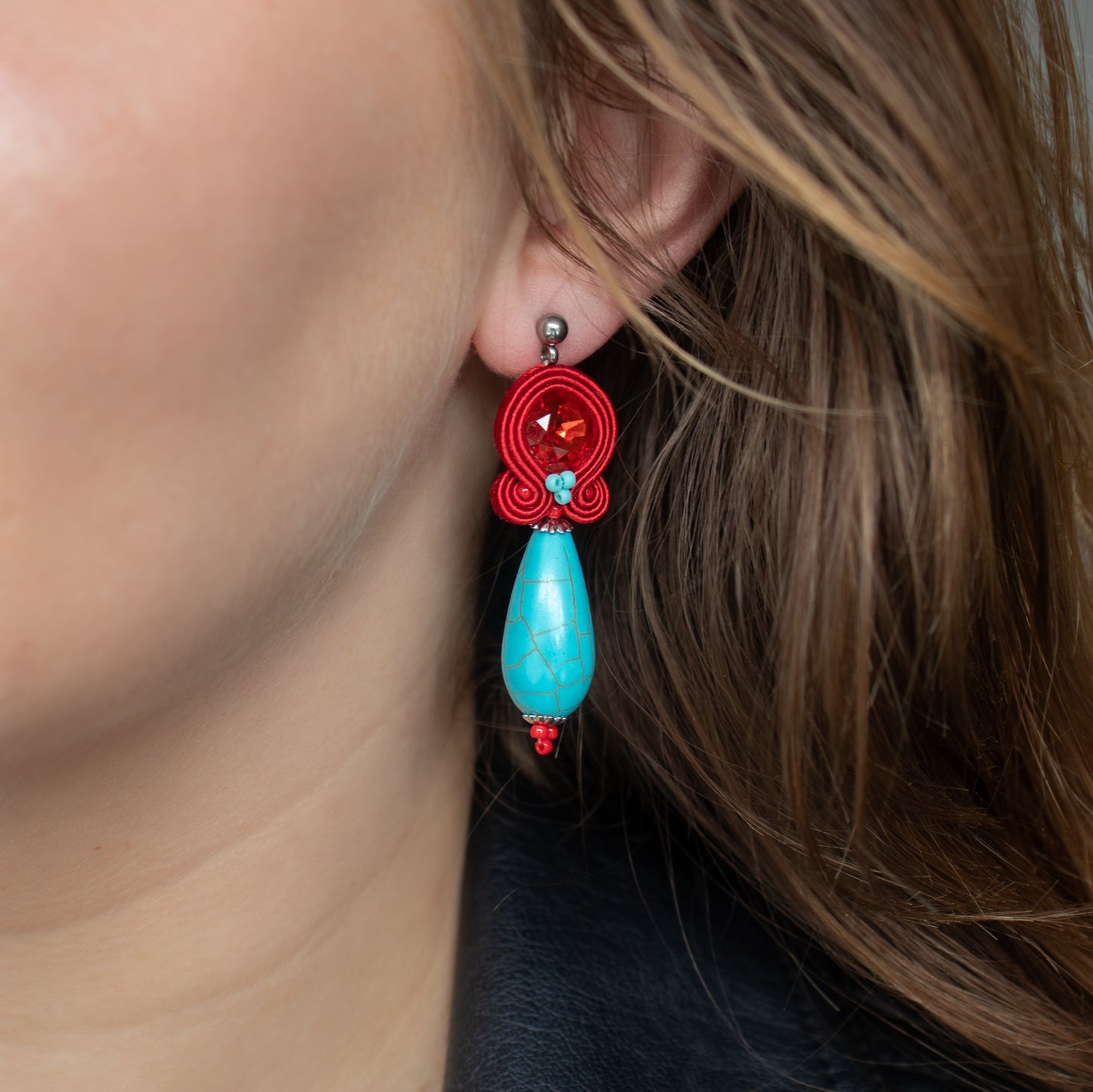 Red soutache earrings with howlite earrings. Statement and lightweight handmade earrings.