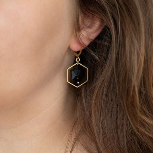 Handmade Hexagon Geometric Earrings with Black Beads and Gold Charms