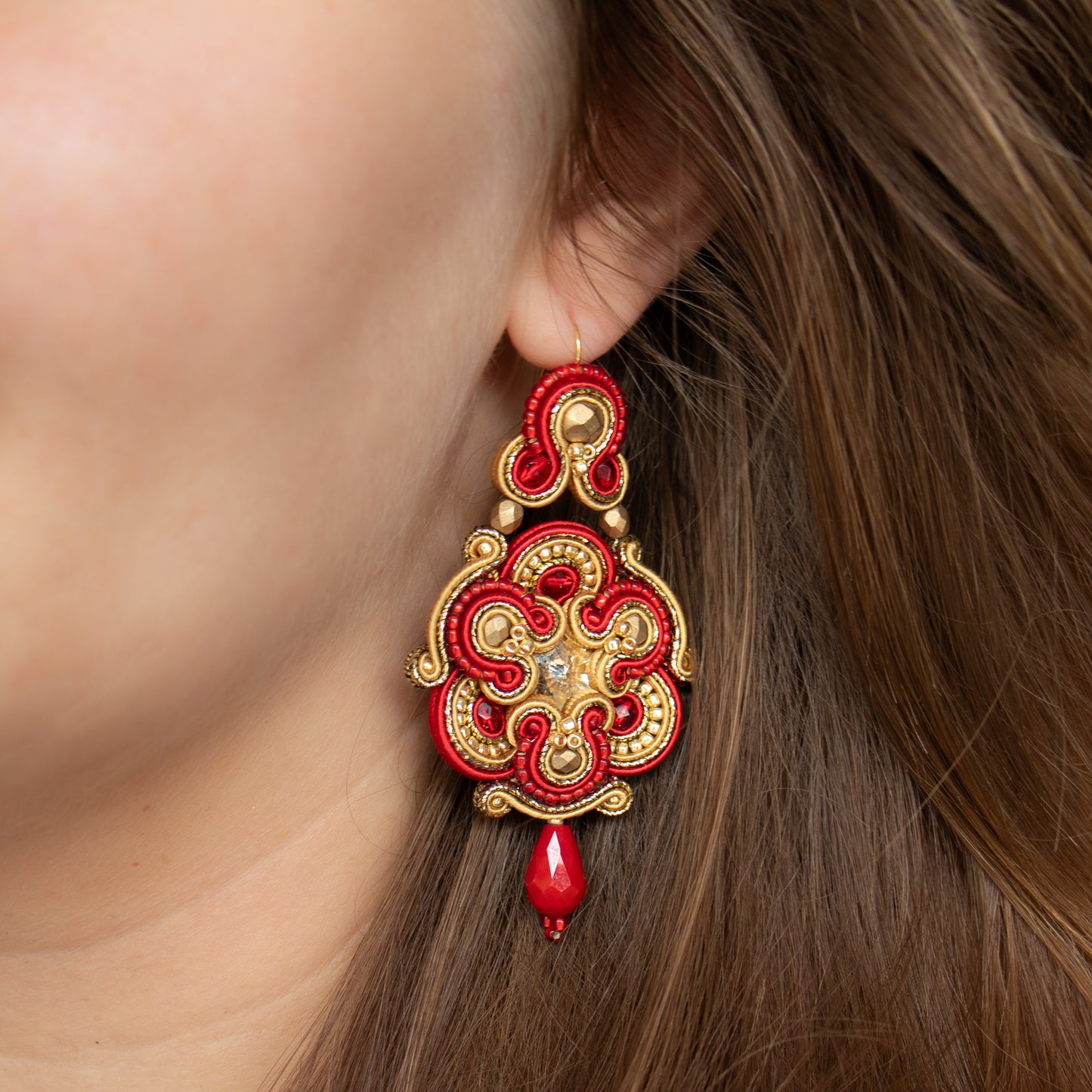 Red and gold soutache earrings. Original and exclusive handmade earrings.