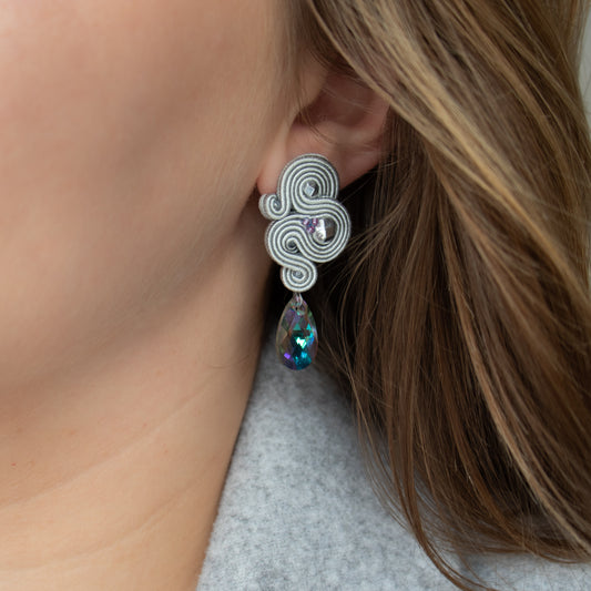 Handmade Light Grey Soutache Earrings with Preciosa Crystals – Sophisticated and Classic Earrings