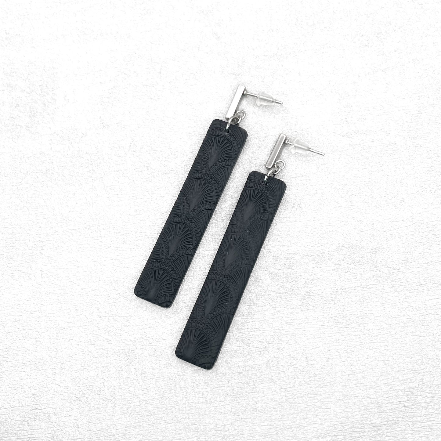 Handmade Black Textured Rectangle Earrings – Polymer Clay Earrings