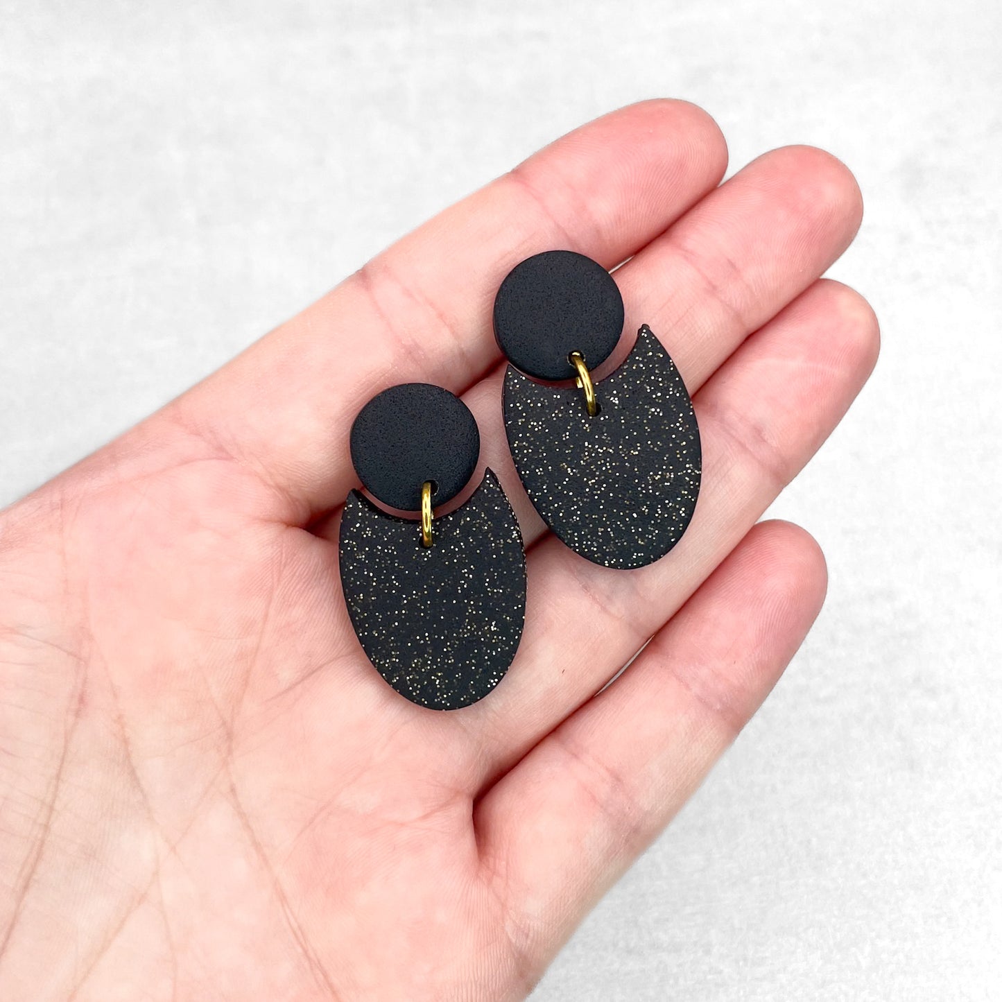 Handmade Black Geometric Earrings with Glitter – Polymer Clay Earrings