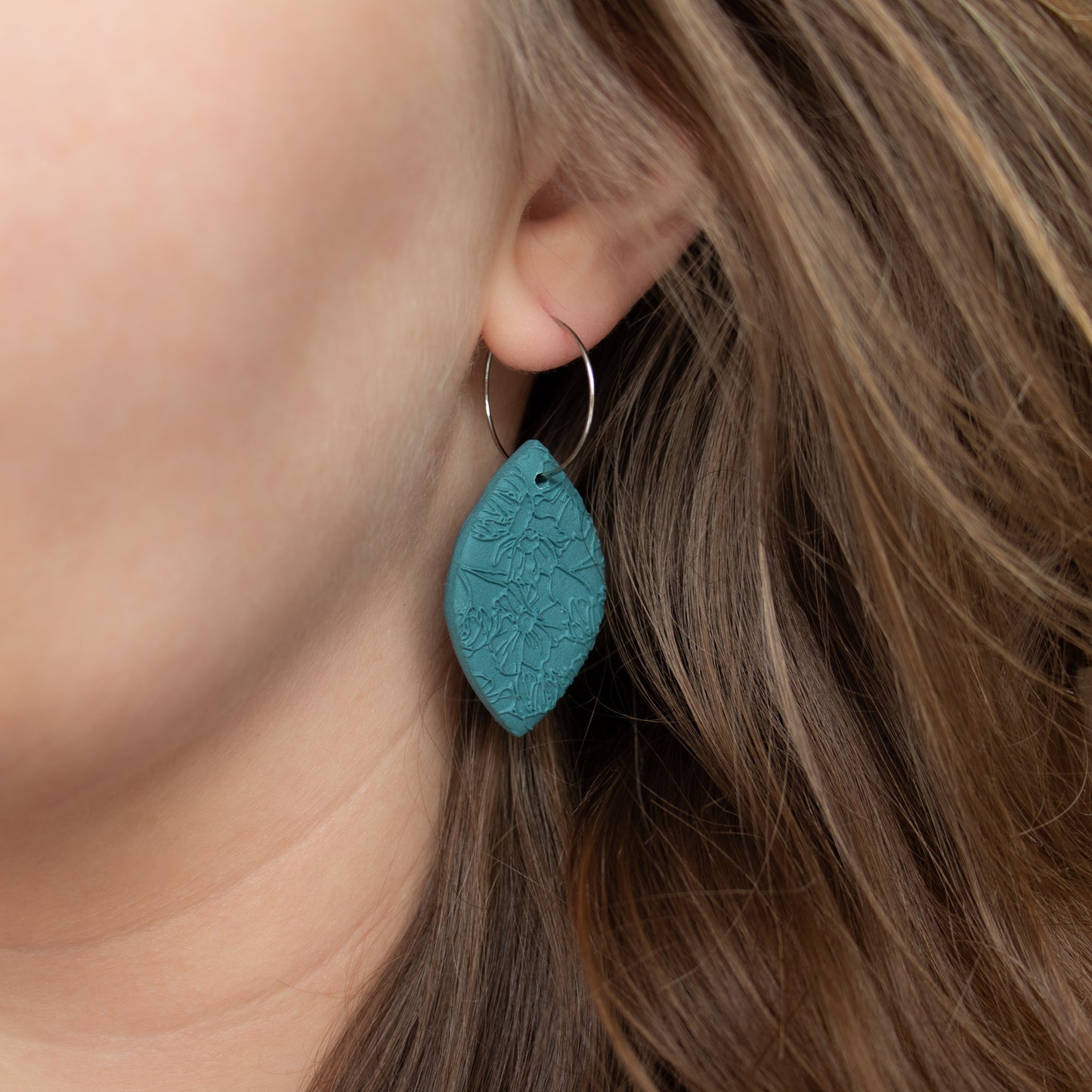 Dark teal oval earrings. Handmade polymer clay earrings.