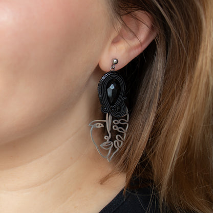 Handmade Black Soutache Earrings with Face Charms – Lightweight Earrings