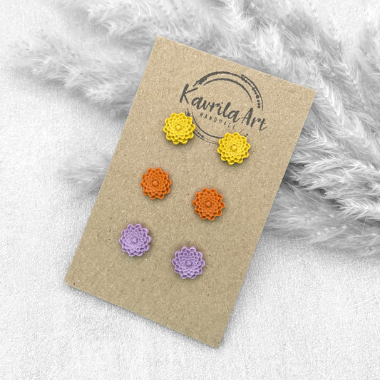 Set of 3 Pairs Flower Stud Earrings – Handmade Polymer Clay Studs