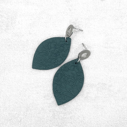 Handmade Dark Teal Oval Earrings – Textured Polymer Clay Earrings