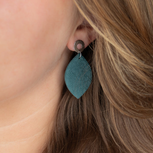 Handmade Dark Teal Oval Earrings – Textured Polymer Clay Earrings