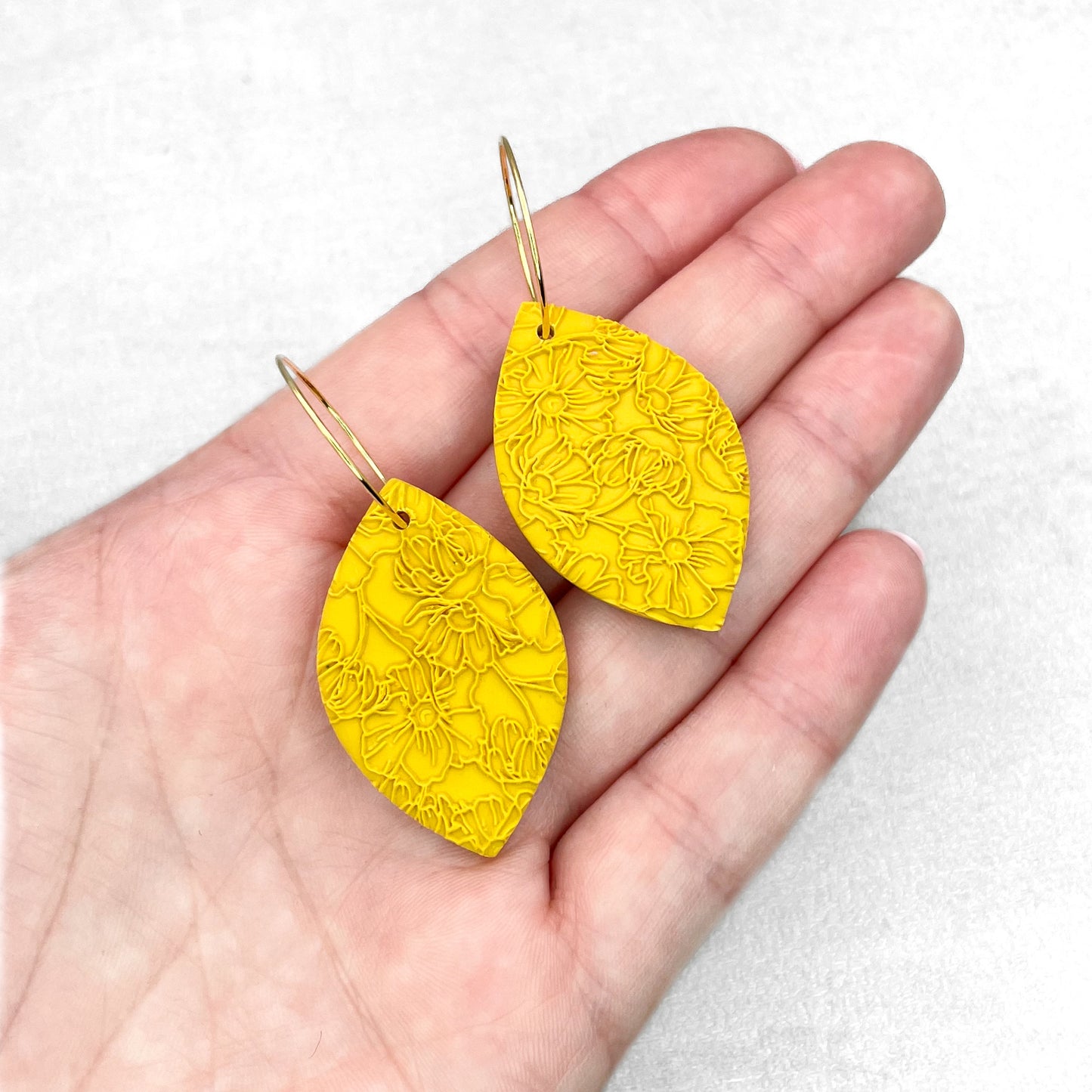 Handmade Yellow Oval Earrings – Textured Polymer Clay with Hoops