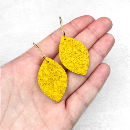 Handmade Yellow Oval Earrings – Textured Polymer Clay with Hoops