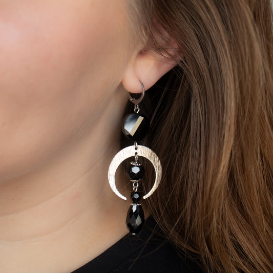 Moon with black beads earrings. Long handmade earrings.
