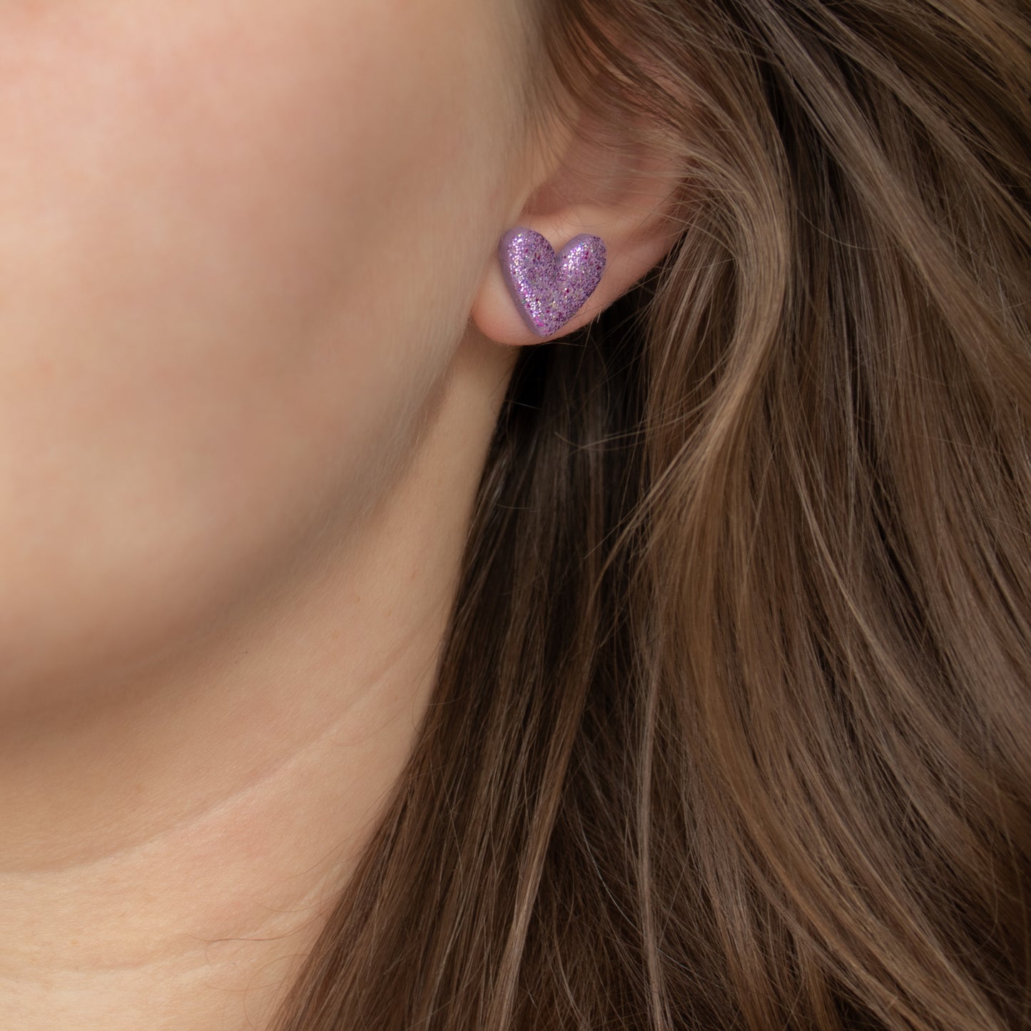 Handmade Violet Heart Stud Earrings – Polymer Clay with Gliiter Stud Earrings