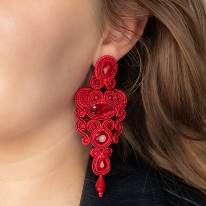 Red soutache earrings. Unique and statement long earrings.