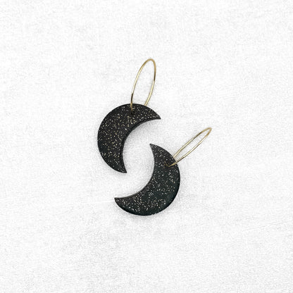 Moon polymer clay earrings. Black and gold glitter handmade earrings.